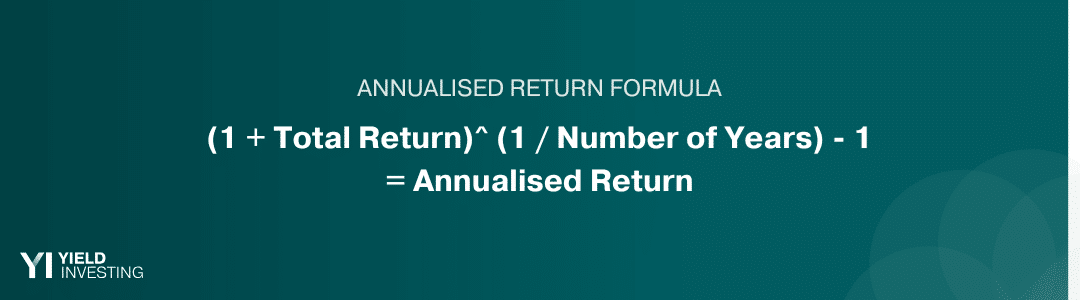 Annualised Return Annualised Return Formula
(1 + Total Return)^ (1 / Number of Years) - 1
= Annualised Return