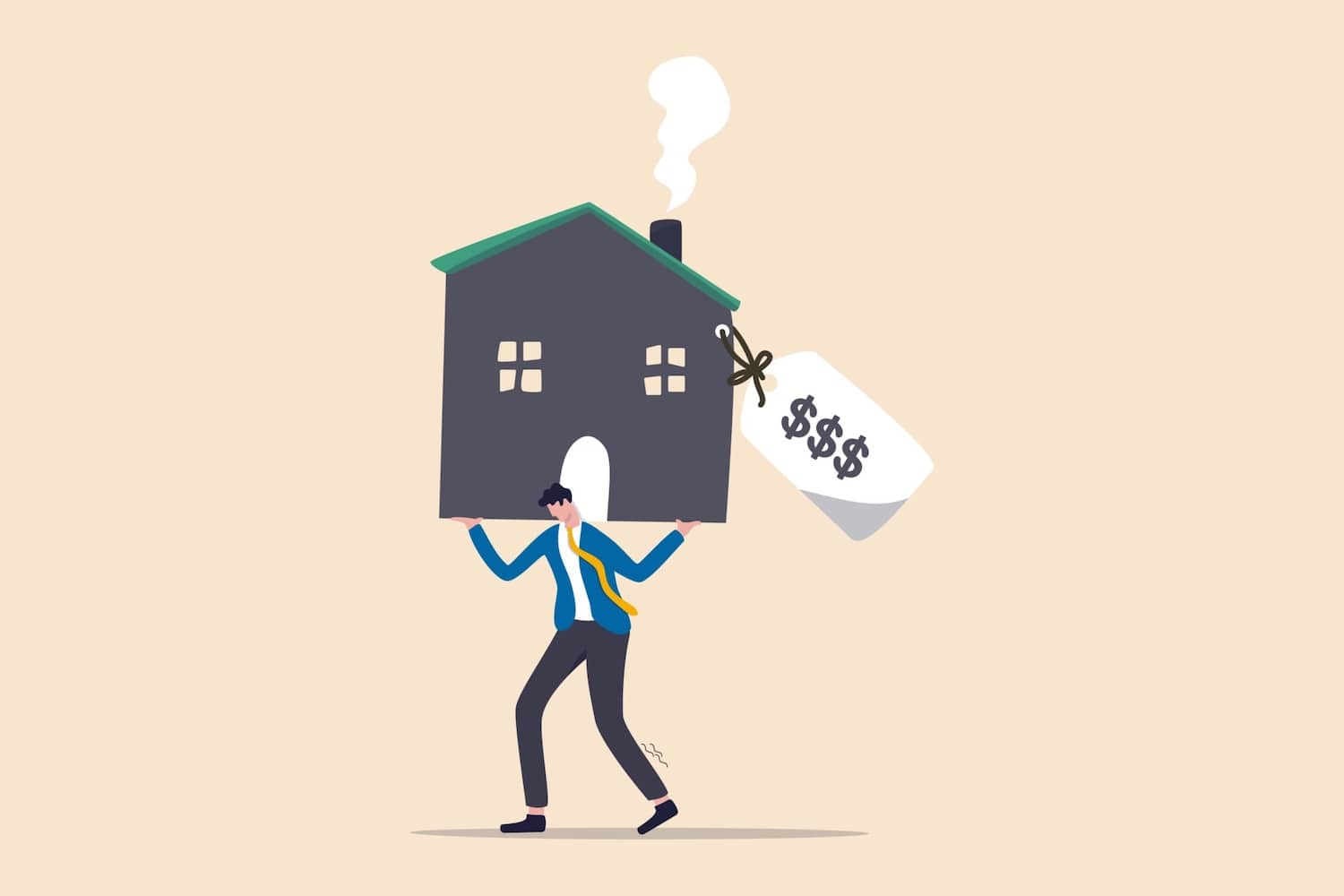 A business man holding a house with a dollar sign tag, wondering if he can invest in uk property from the usa