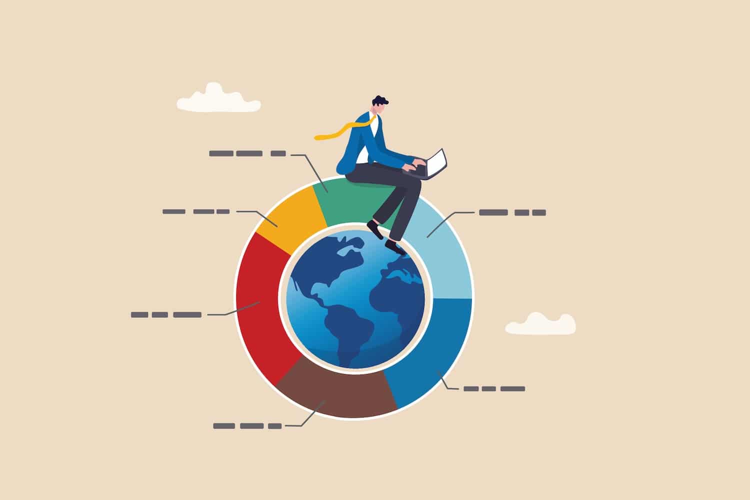 A business man sitting on a segmented globe, demonstrating how to diversify your property investment portfolio