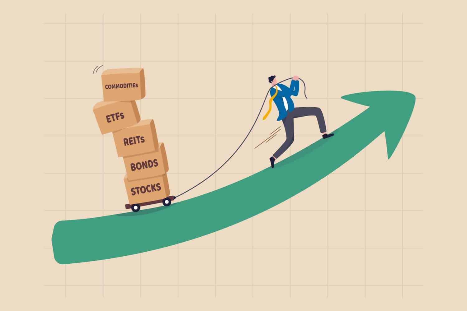 A man pulling up a trolley of boxes with financial assets on them, to show real assets vs financial assets
