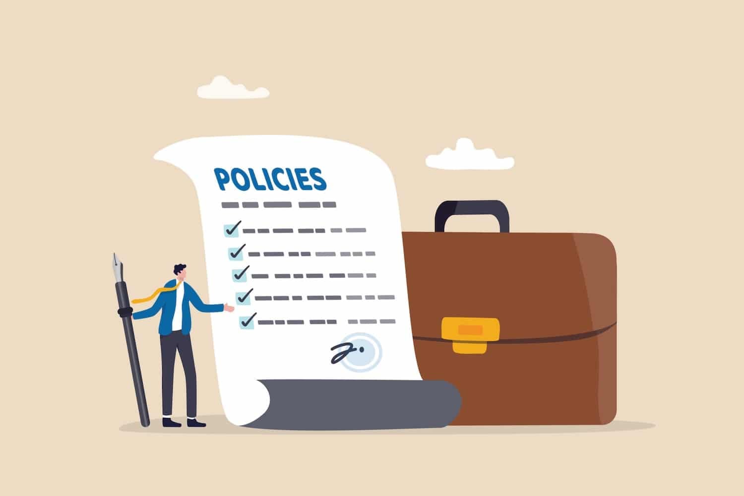 A business man holding a pen stood next to a briefcase and a sheet of policies to represent the renters' rights act 2025